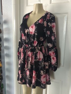 Maurices Black Floral V-Neck Drawstring Mini Dress Pit To Pit 18 Inch